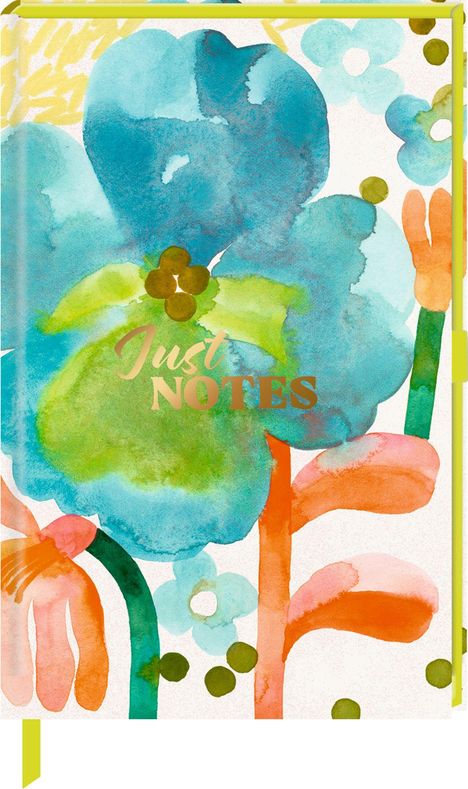 „Just NOTES“ in geschwungener Schrift auf einer farbenfrohen Aquarellillustration von Blumen in Blau, Grün und Orange.