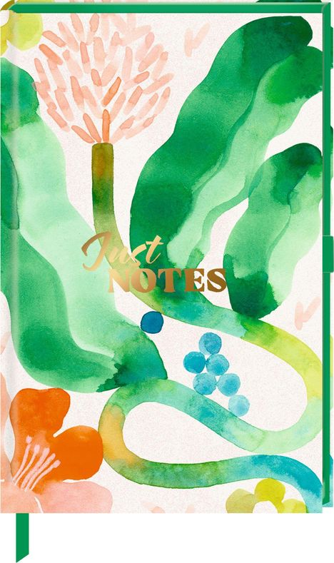 Text: "Just Notes". Eine Illustration mit bunten Blättern und Blumen in Aquarellstil in Grün-, Blau- und Orangetönen.