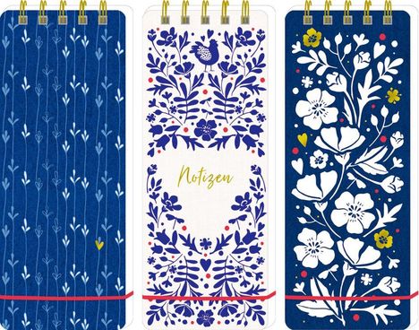 Drei Notizblöcke. Mittlerer Block: "Notizen". Blumenmuster in Blau, Weiß und Farben. Goldene Spiralbindung.