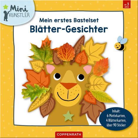 „Mein erstes Bastelset: Blätter-Gesichter“ steht oben. Illustration zeigt ein Löwengesicht mit bunten Blättern als Mähne.