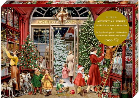 „PUZZLE-ADVENTSKALENDER“ steht auf einer goldenen Fläche. Eine nostalgische Weihnachtsszene mit geschmücktem Laden.