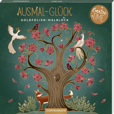 "AUSMAL-GLÜCK, GOLDFOLIEN-MALBLOCK", "Creative TIME". Ein Baum mit Vögeln und einem Fuchs, verziert mit Blumen.