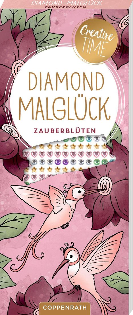 „DIAMOND MALGLÜCK ZAUBERBLÜTEN“, Illustration mit rosa Kolibris und Blumen auf einem pastellfarbenen Hintergrund.