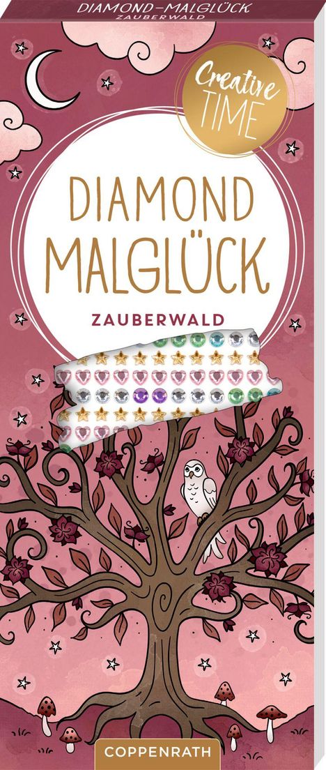 "DIAMOND MALGLÜCK: ZAUBERWALD" steht auf einem rosa Hintergrund mit einem Baum, einer Eule und Schmucksteinen.