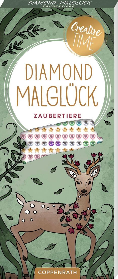 Diamond Malglück - Zaubertiere. Creative Time. Ein illustrierter Hirsch mit Blumen und glitzernden Aufklebern.