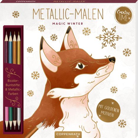 "METALLIC-MALEN MAGIC WINTER", "Bicolor-Buntstifte: 8 Metallic-Farben", "MIT GOLDENEN MOTIVEN". Fuchsillustration.