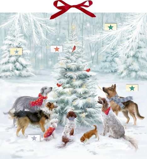 Zahlen auf bunten Sternen: 20, 22, 23, 14, 4. Hunde im Schnee um einen Weihnachtsbaum mit roten Vögeln dekoriert.