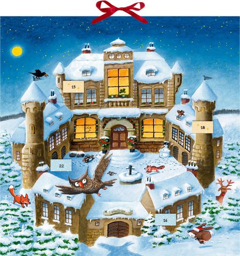 Zahlen: 15, 18, 22, 16. Illustration: Schneebedecktes Schloss, Tiere, Tannenbäume, roter Schleife, nächtlicher Himmel.