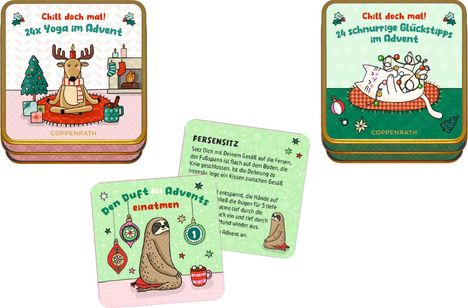 "Chill doch mal! 24x Yoga im Advent", "Chill doch mal! 24 schnurrige Glückstipps im Advent". Illustrationen von Tieren in Weihnachtsszenen.