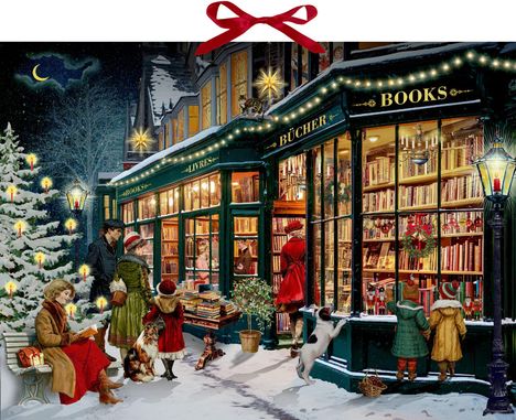 "Bücher, Livres, Books" über einem gemütlichen, festlich geschmückten Buchladen bei Nacht mit Menschen und Tieren.