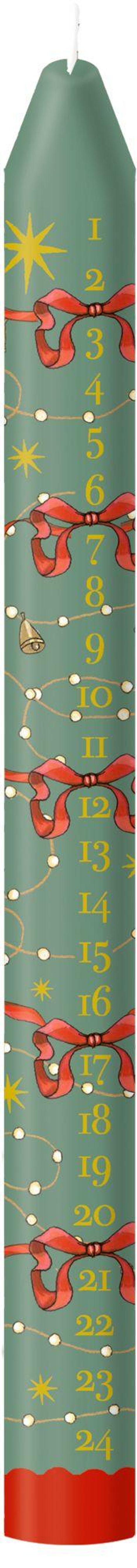 Adventskerze mit den Zahlen 1 bis 24, verziert mit Sternen, roten Schleifen und Glocken auf grünem Hintergrund.