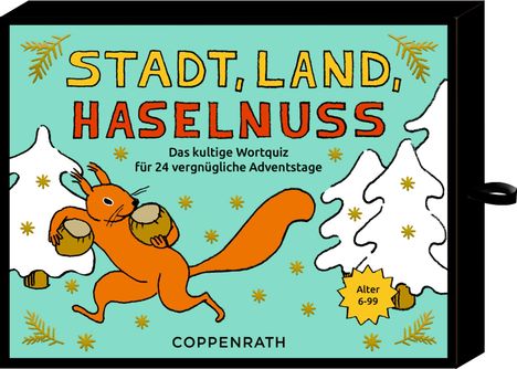 "STADT, LAND, HASELNUSS" – Ein Wortquiz für die Adventszeit. Illustration: Ein Eichhörnchen mit Haselnüssen vor Tannen. Alter 6-99.