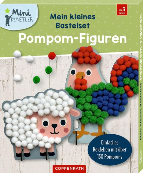 „Mein kleines Bastelset: Pompom-Figuren“. Schäfchen und Hahn mit bunten Pompons, ab 3 Jahren geeignet.