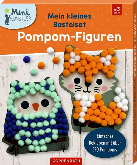 "Mein kleines Bastelset Pompom-Figuren. Einfaches Bekleben mit über 150 Pompoms." Illustration einer Eule und eines Fuchses.