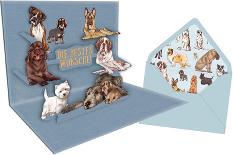 "Die besten Wünsche!" auf einer blauen Pop-up-Karte mit Illustrationen verschiedener Hunderassen.