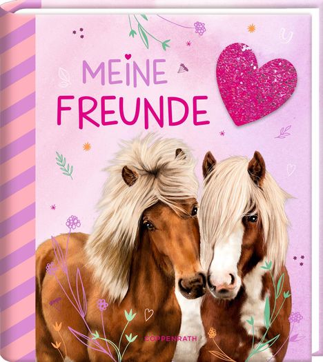 "MEINE FREUNDE" in großen Buchstaben, begleitet von einem glitzernden pinken Herz und zwei Ponys auf rosa Hintergrund.