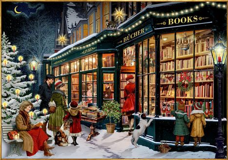 Texte: BÜCHER, LIVRES, BOOKS. Winterliche Szene mit einer beleuchteten Buchhandlung. Menschen stehen draußen, ein Hund schaut ins Fenster.