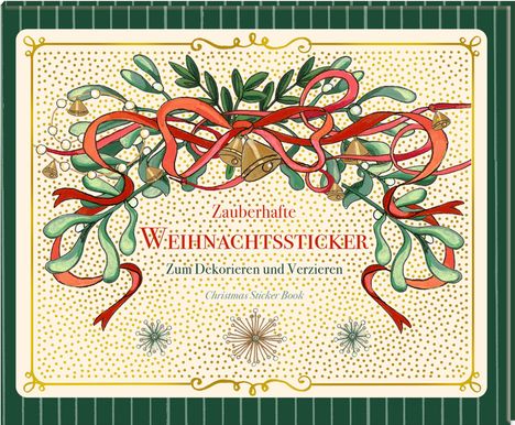 Zauberhafte Weihnachtssticker. Zum Dekorieren und Verzieren. Grün-rotes Design mit Mistel, Bändern und Glocken.