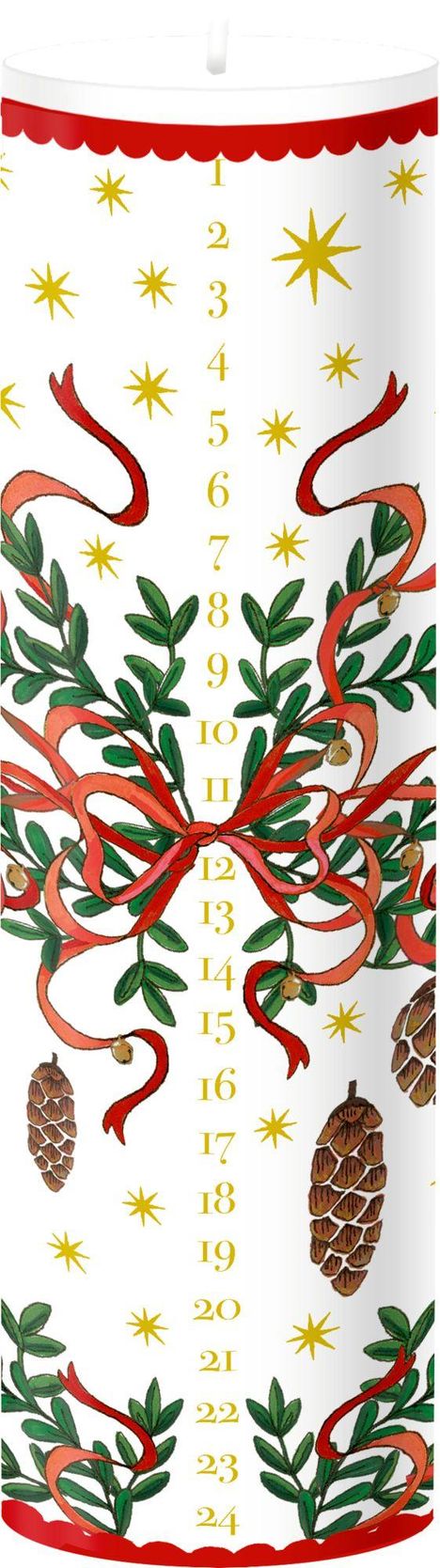 Zahlen 1 bis 24, goldene Sterne, rote Schleifen, grüne Zweige, Tannenzapfen, rote Verzierung oben und unten.