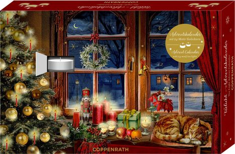 Adventskalender mit 24 Motiv-Teelichtern. Weihnachtsszene mit Nussknacker, Katze, Baum und Kerzen vor einem Fenster.