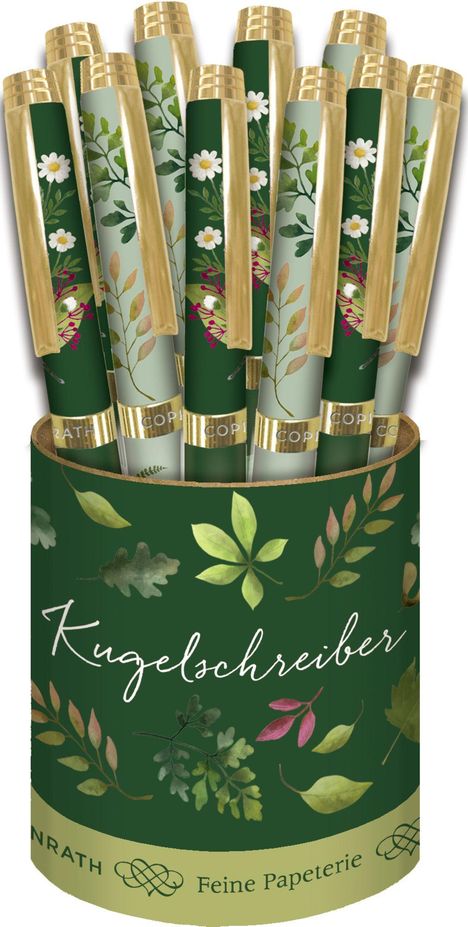 "Kugelschreiber" in eleganter Schrift auf einem grünen Halter, verziert mit Blättern und Blumenmuster.