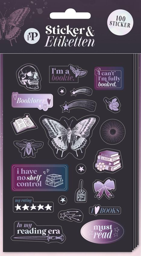 Sticker & Etiketten, 100 Sticker. Texte: "I'm a bookie", "I can't I'm fully booked", "Booklover", "must read". Illustrationen mit Büchern und Schmetterlingen.