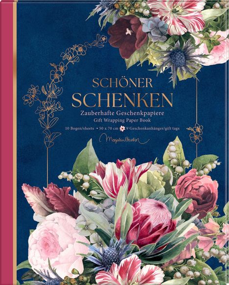 "Schöner Schenken: Zauberhafte Geschenkpapiere. 10 Bogen, 50x70 cm, 9 Geschenkanhänger." Illustration von Blumen auf blauem Hintergrund.