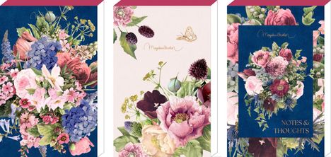 Links und rechts: "Marjolein Bastin", rechts: "NOTES & THOUGHTS". Florale Illustrationen mit bunten Blumenarrangements.