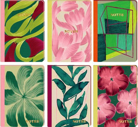 Sechs bunte Notizbuchcover mit "NOTES" in Gold. Florale und geometrische Designs in Grün, Pink und Rot.
