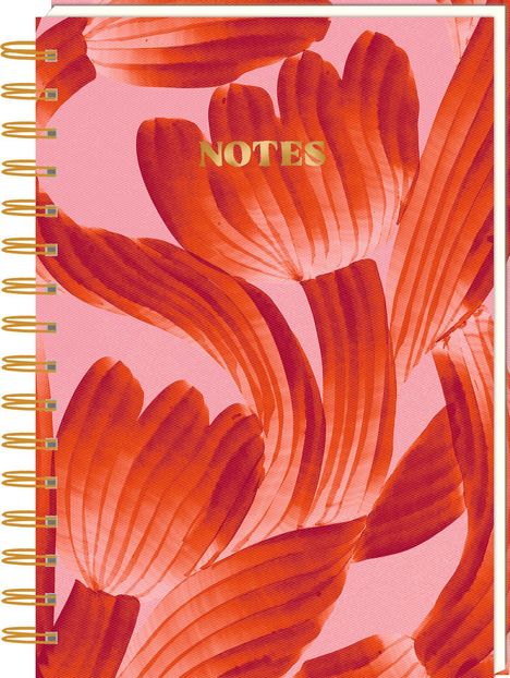 Der Text "NOTES" steht auf einem Notizbuch mit auffälligen, roten Blumenmustern auf rosa Hintergrund.