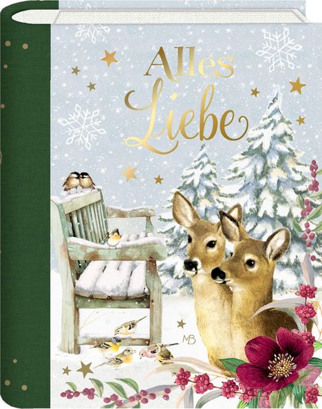 „Alles Liebe“ in goldener Schrift. Illustration: Zwei Rehe, schneebedeckte Bank, Vögel, Tannen und Blumen.
