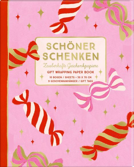 Texte: "SCHÖNER SCHENKEN", "Zauberhafte Geschenkpapiere", "Gift Wrapping Paper Book", "10 Bogen / Sheets 50 x 70 cm", "9 Geschenkanhänger / Gift Tags". Hintergrund: Rosa mit Zuckerstangenmuster.