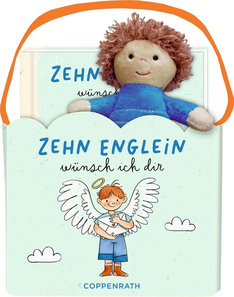 "Zehn Englein wünsch ich dir". Illustration: Kind mit Engelsflügeln, rotem Haar, blauem Anzug. Stoffpuppe schaut hervor.