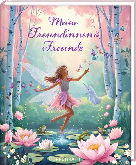 „Meine Freundinnen & Freunde“ in verspielter Schrift. Eine Fee tanzt auf Seerosen, umgeben von Fröschen und Schmetterlingen.