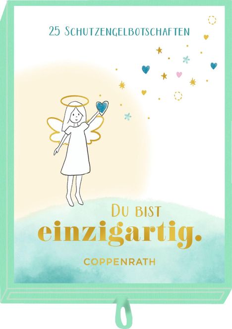 25 Schutzengelbotschaften. Du bist einzigartig. Coppenrath. Illustration eines Engels mit Herz umgeben von Sternen.