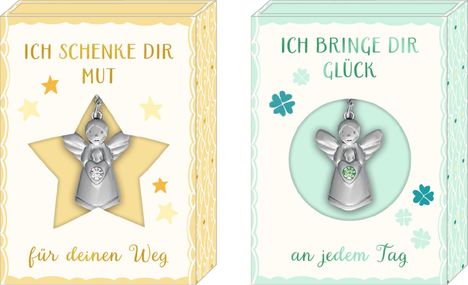 Links: "ICH SCHENKE DIR MUT, für deinen Weg." Rechts: "ICH BRINGE DIR GLÜCK, an jedem Tag." Engel-Anhänger vor Stern/Grün.