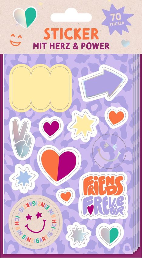 Sticker mit Herz & Power, 70 Sticker. Enthält diverse bunte Formen wie Herzen, Pfeile und den Text „Friends Forever“.