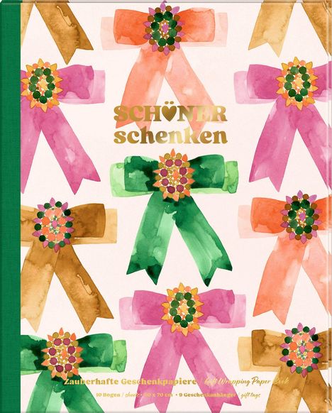 "Schöner schenken." Verschiedene bunte Schleifen in Aquarelloptik. Unten: "Zauberhafte Geschenkpapiere."