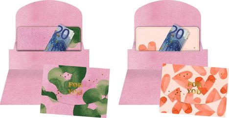Zwei rosa Umschläge mit Geldscheinen und Karten. Vorne steht „FOR YOU“ auf einem grünen und einem orangen Muster.