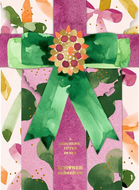 Text: "2 Geschenktüten im Set, Schöner schenken." Aquarell-Design mit grüner Schleife und Blumenmuster.