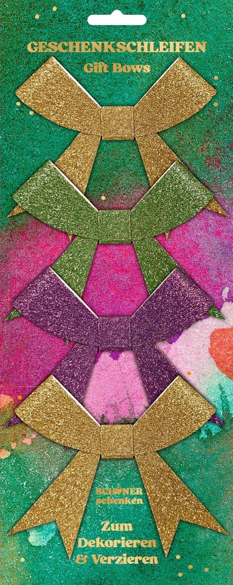 "GESCHENKSCHLEIFEN Gift Bows. Zum Dekorieren & Verzieren." Goldene Schleifen auf buntem Hintergrund.