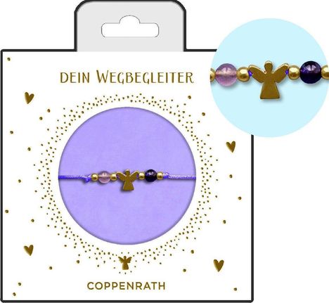 "DEIN WEGBEGLEITER" oben, "COPPENRATH" unten. Eine violette Kordel mit bunten Perlen und einem goldenen Engel in der Mitte.