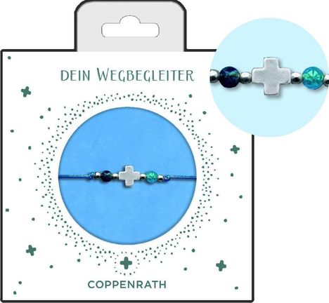 „Dein Wegbegleiter“, „Coppenrath“; Armband mit Kreuz-Anhänger und bunten Perlen, in blauer Verpackung.