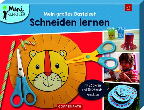 "Mein großes Bastelset Schneiden lernen. Mit 2 Scheren und 30 Schneide-Projekten." Zwei Scheren, Bastelarbeiten.