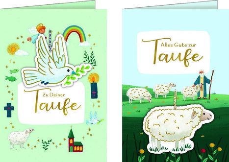 Links: "Zu Deiner Taufe" mit Taube und Engelsfigur. Rechts: "Alles Gute zur Taufe" auf grüner Wiese mit Schafen und Hirten.