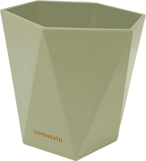Sechseckige, facettierte, hellgrüne Vase mit dem Wort "COPPENRATH" in orangefarbener Schrift.