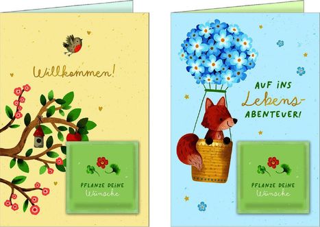 Links: "Willkommen!" mit Vogel auf Baum. Rechts: "Auf ins Lebensabenteuer!" mit Fuchs im Ballon. Beide mit "Pflanze deine Wünsche".