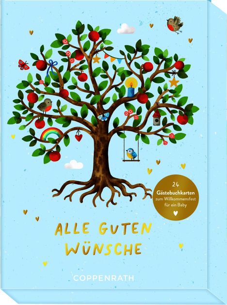 "Alle guten Wünsche" steht unter einem bunt verzierten Baum mit Vögeln, Kerze und Regenbogen.