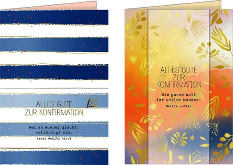 Links: "Alles Gute zur Konfirmation. Wer an Wunder glaubt, vollbringt sie. Ernst Moritz Arndt." Rechts: Bunte Karte mit floralen Mustern.