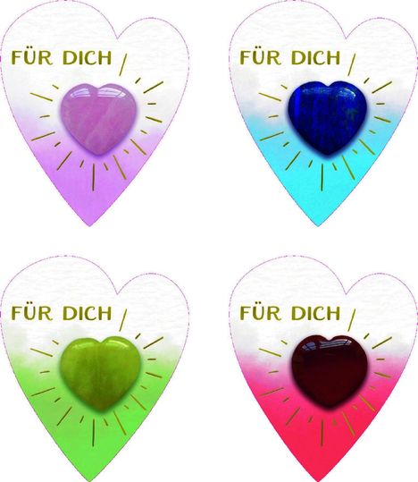 Die Herzen tragen den Text "FÜR DICH" mit lila, blauem, grünem und rotem Stein vor farblich passendem Hintergrund.